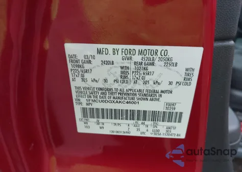2010 Ford Escape Xlt from USA, damaged, VIN 1FMCU0DGXAKC46001